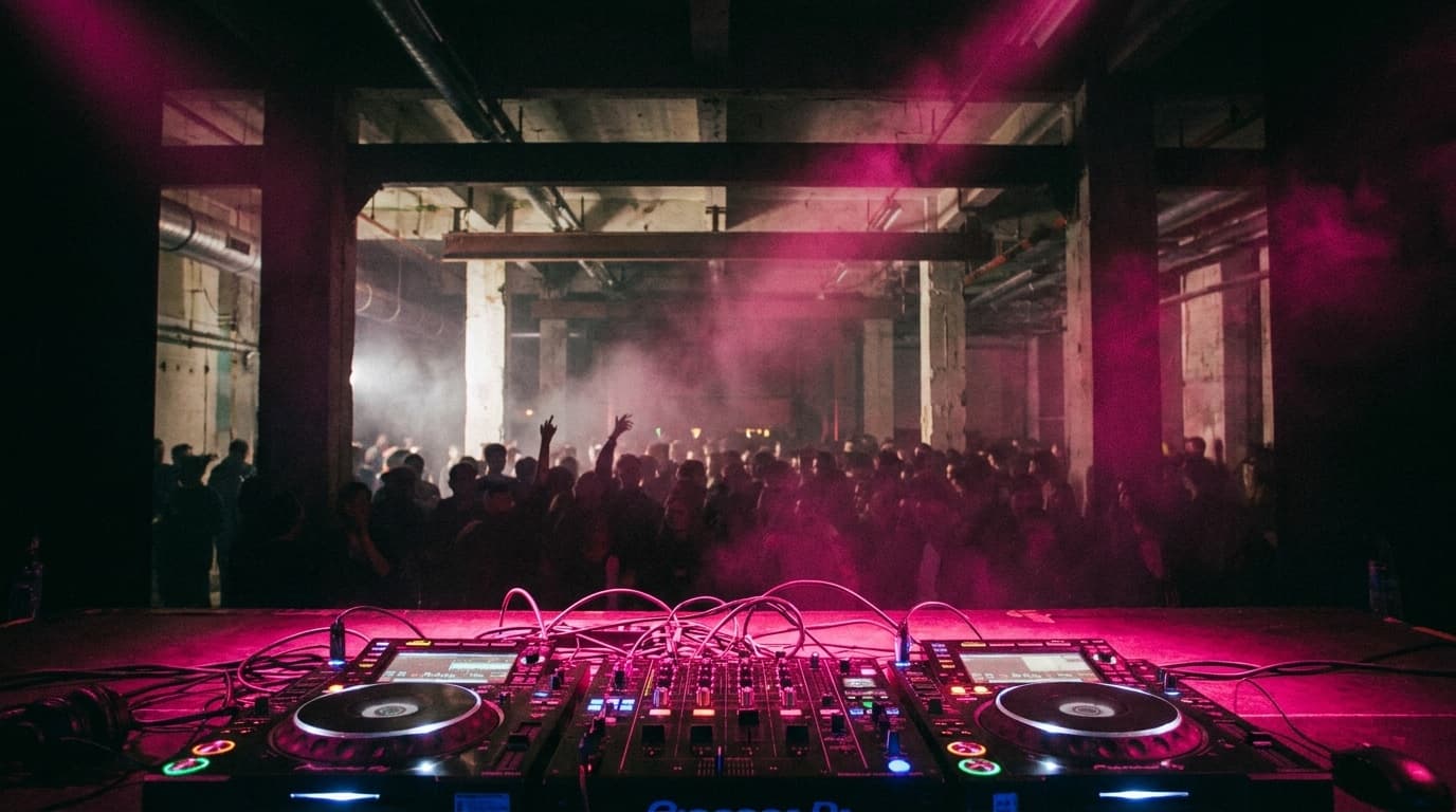 An underground venue washed in neon pink light, seen from behind the DJ booth